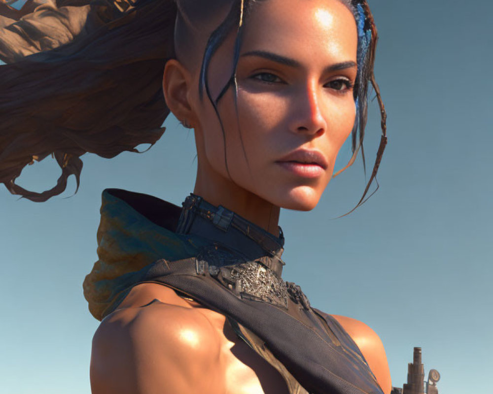 Female warrior with brown eyes in futuristic armor, desert cityscape background