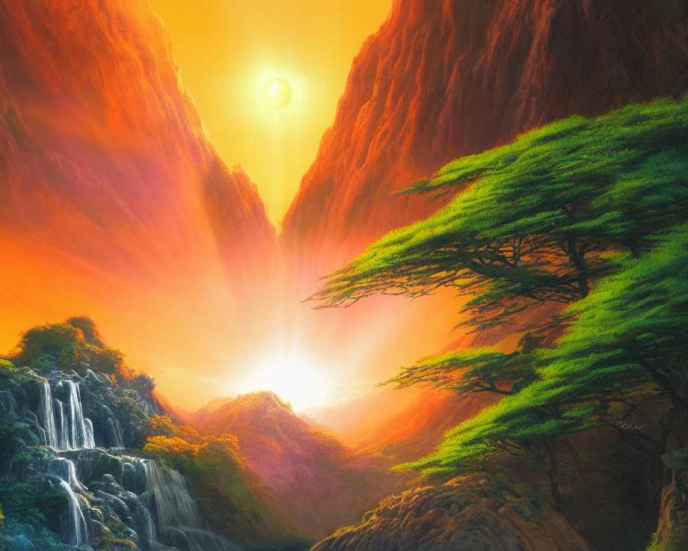 Scenic landscape with waterfall, mountains, trees, and sunrise