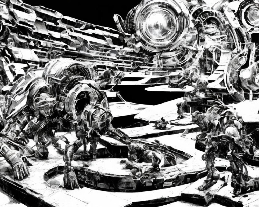 Abstract Monochrome Robotic Figures & Futuristic Machinery Art