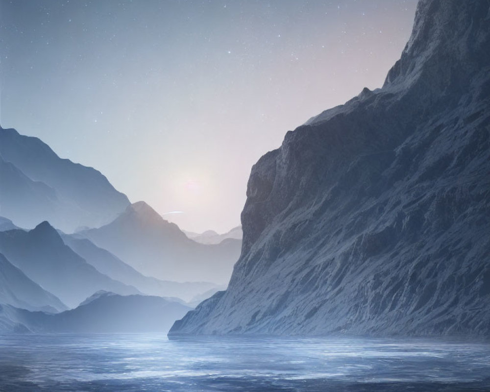 Tranquil twilight landscape with starry sky, misty mountains, and reflective water