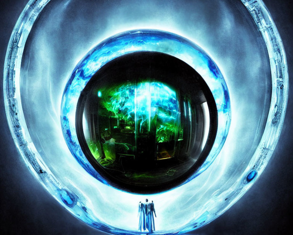 Reflective spherical corridor with humanoid figures and green scene.