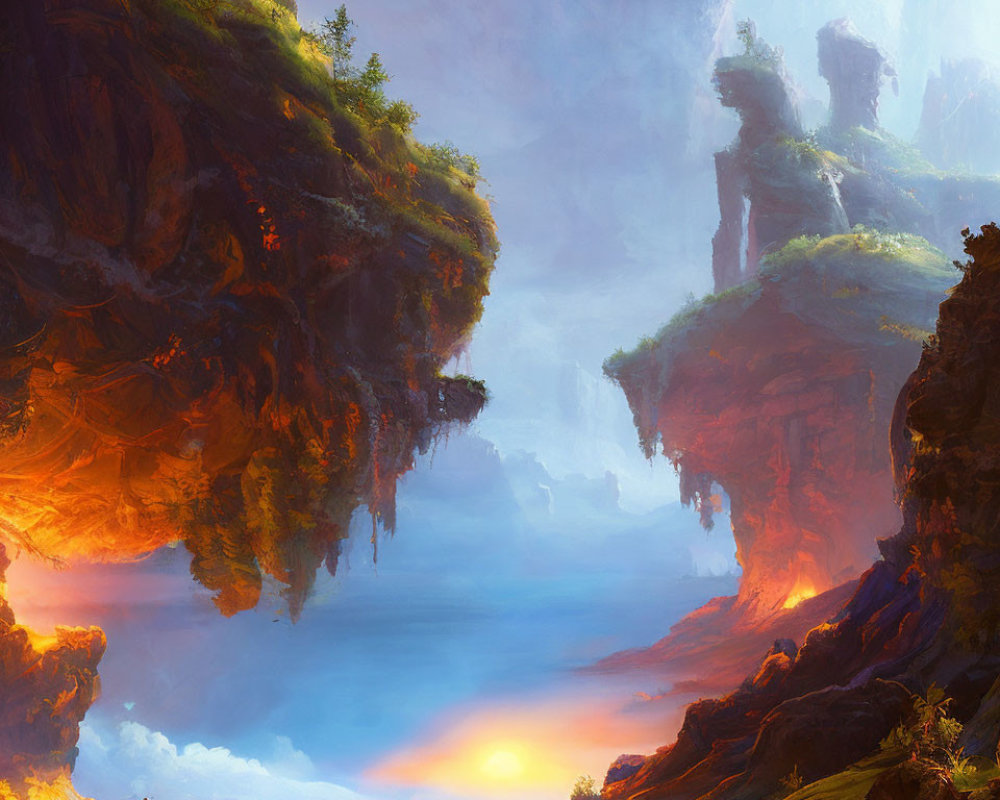 Tranquil fantasy landscape with glowing sunset and towering cliffs