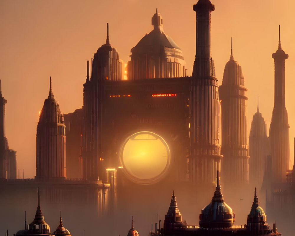 Futuristic sunset cityscape with glowing circular structure