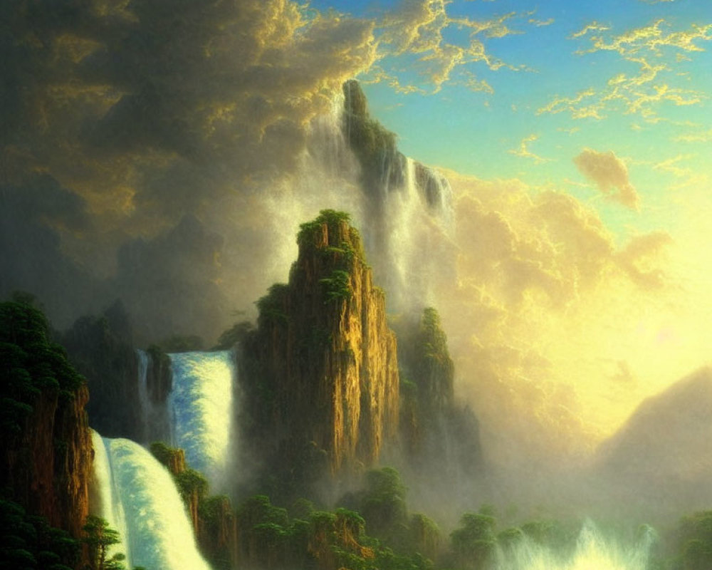 Majestic waterfalls in lush, sunlit landscape