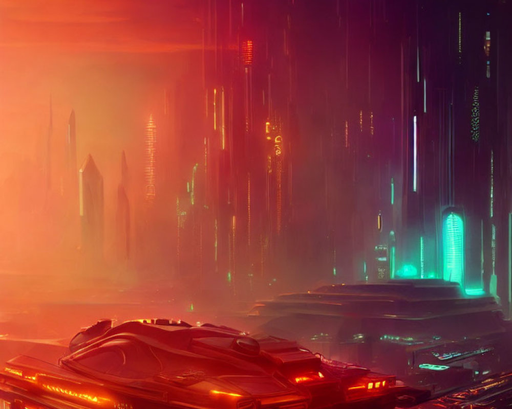 Futuristic cityscape with skyscrapers, neon lights, and flying vehicles in red and orange