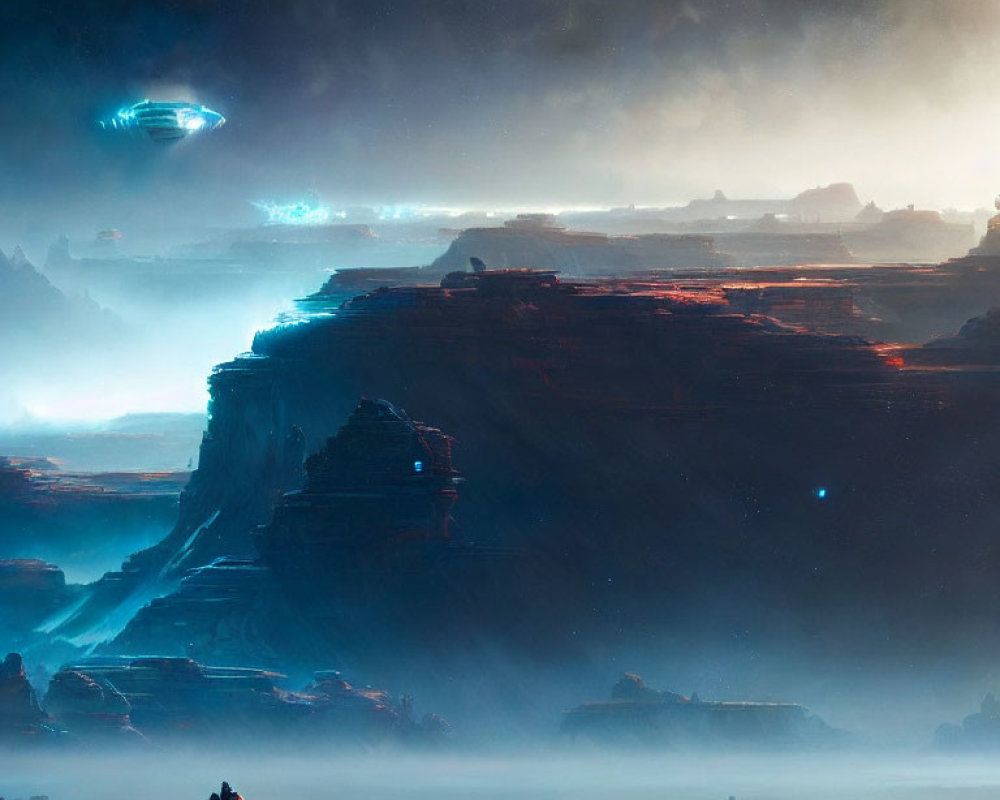 Sci-fi landscape with towering rock formations and hovering spacecrafts