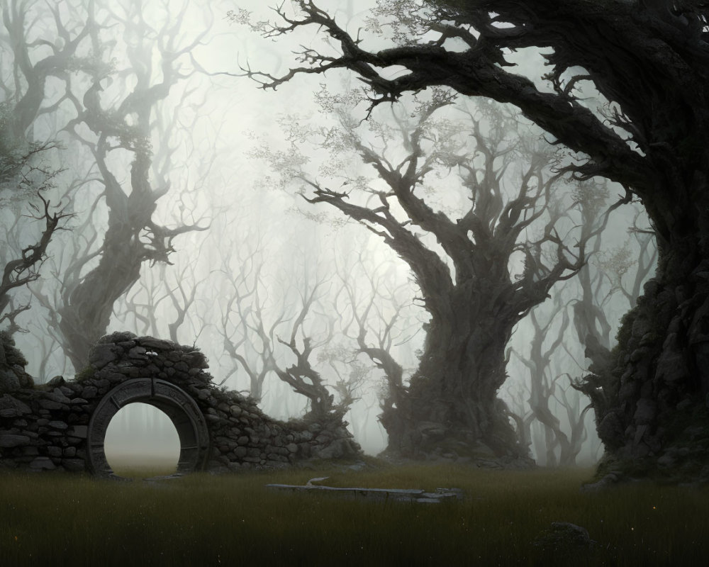 Mysterious foggy forest with ancient stone archway