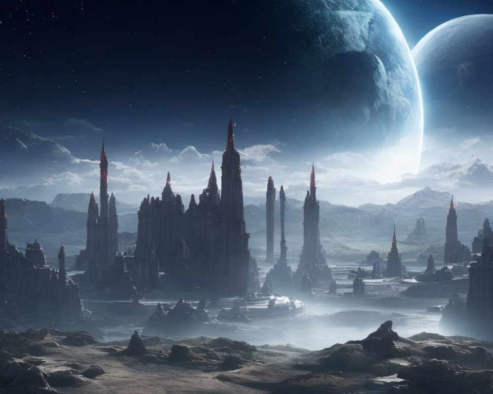 Surreal sci-fi landscape with Gothic structures and glowing cityscape