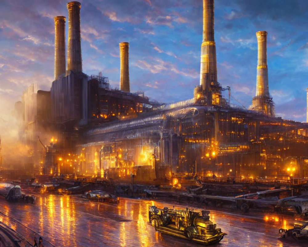 Industrial factory at dusk with smokestacks, river, and cargo boats.