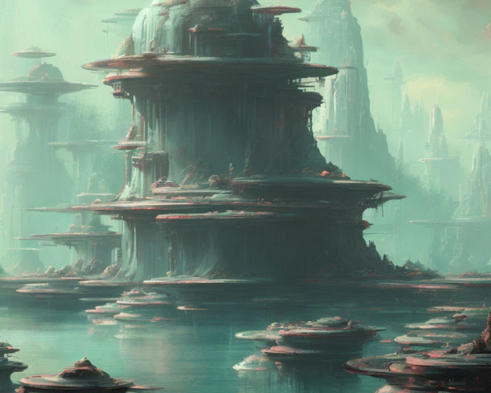 Futuristic cityscape with dome-shaped structures in misty waters