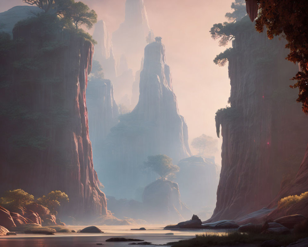 Mystical landscape with towering rock formations and tranquil river