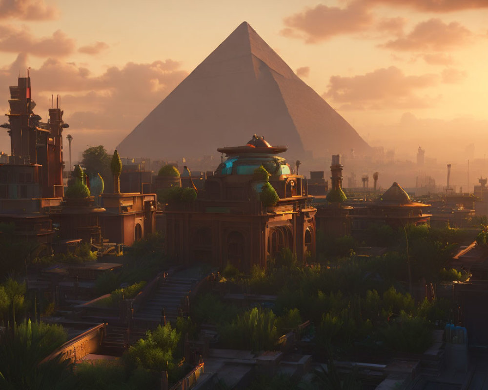 Futuristic cityscape with advanced architecture and pyramid at sunset