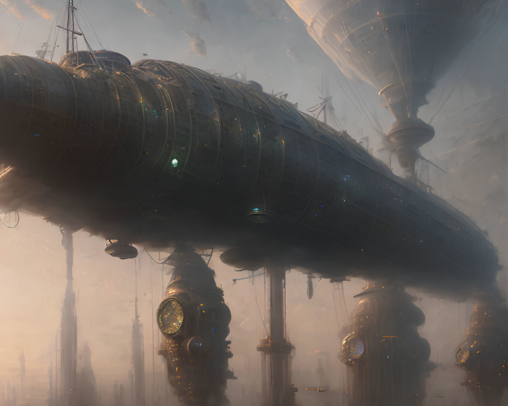 Airships in Misty Amber Sky with Advanced Technology and Steampunk Aesthetic