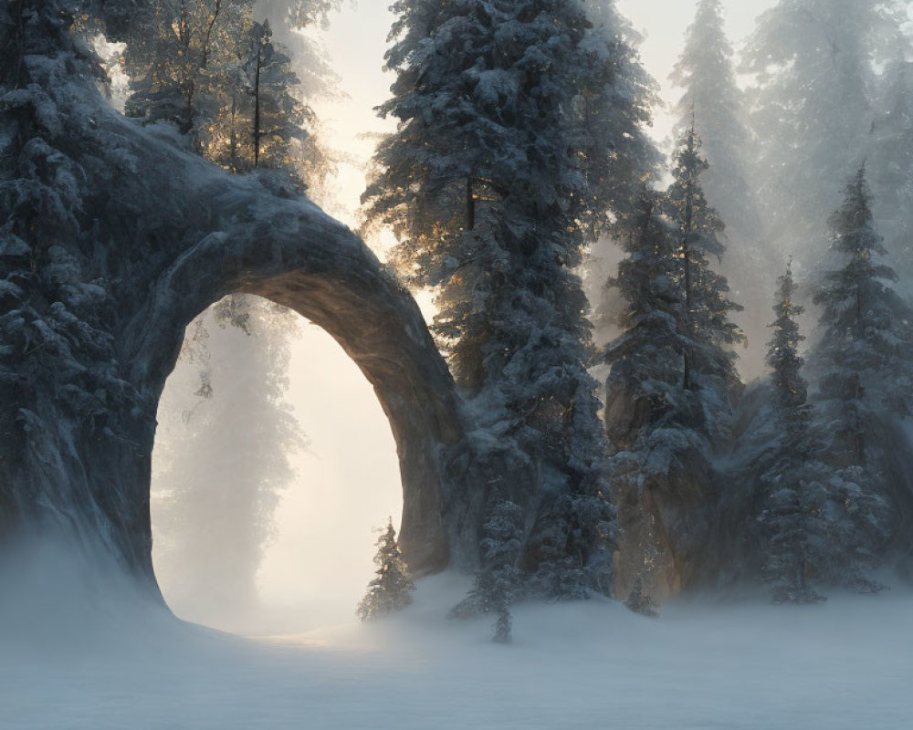 Snow-covered archway in serene winter forest under soft glowing light