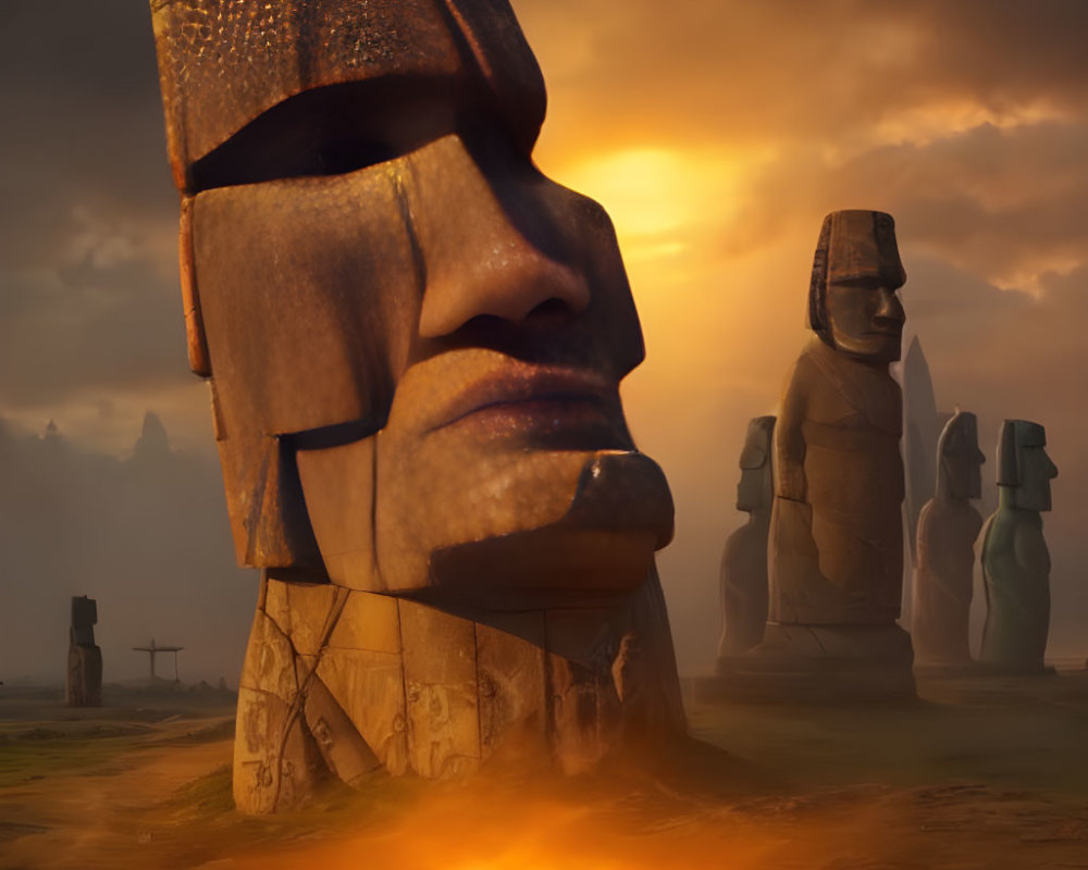 Giant moai statues at sunset on Easter Island.