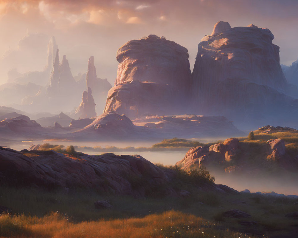 Alien landscape with towering rock formations and misty lakes at sunrise