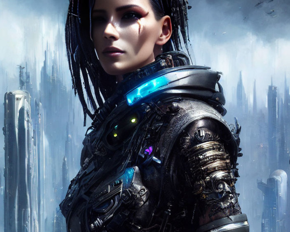 Female Cyborg in Futuristic Armor with Cybernetic Enhancements in Misty Cityscape