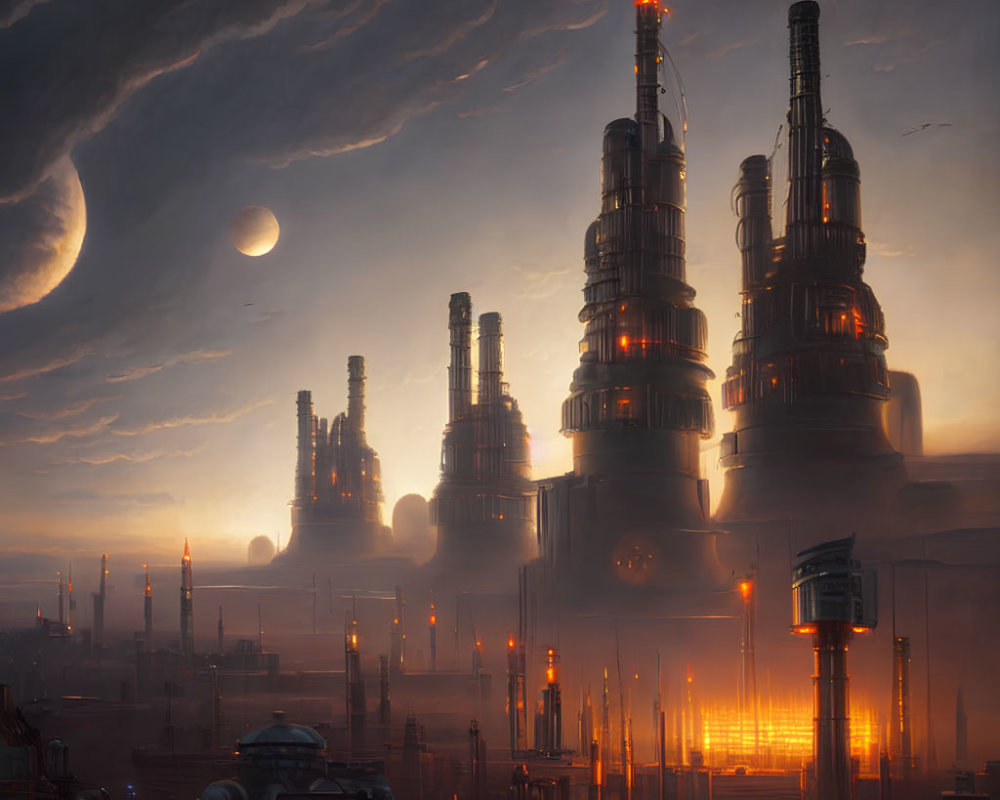 Futuristic cityscape with industrial structures, glowing lights, dramatic sky, and looming moon.