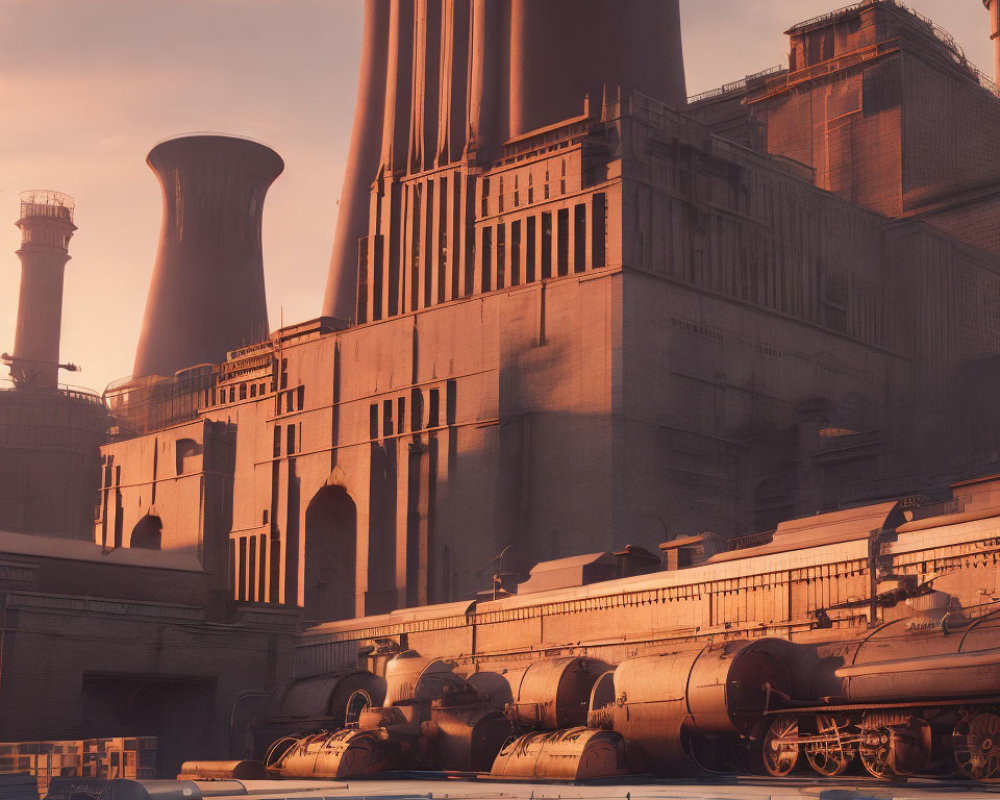 Industrial scene with smokestacks, locomotive train, and buildings at sunset