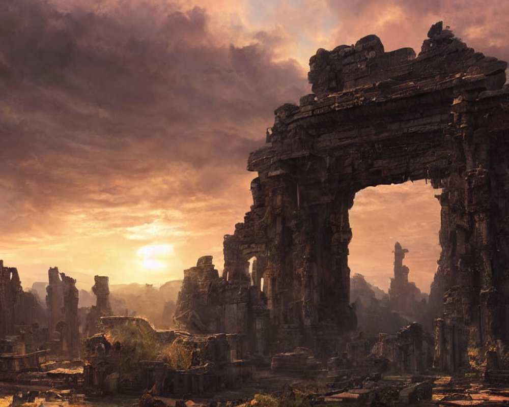 Sunlit ancient ruin with towering stone archways and dramatic sunset sky