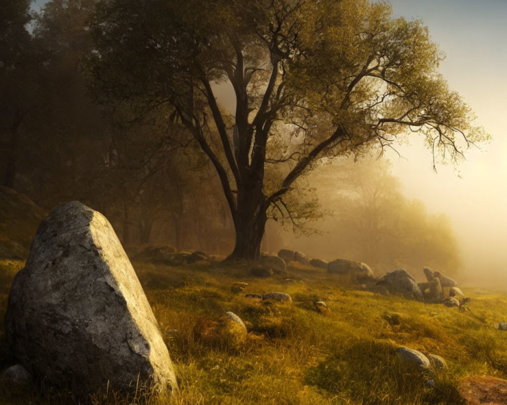 Tranquil sunrise landscape with tree, boulders, and misty sunlit background