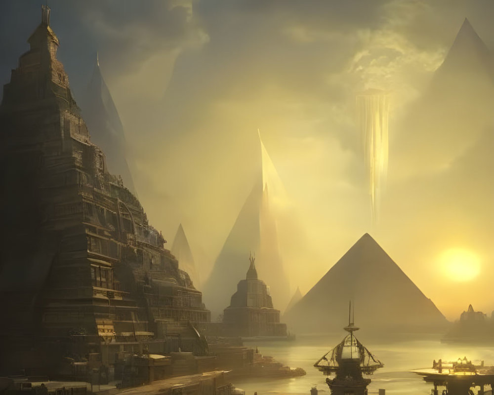 Mystical cityscape: ancient pyramids and futuristic towers at sunset