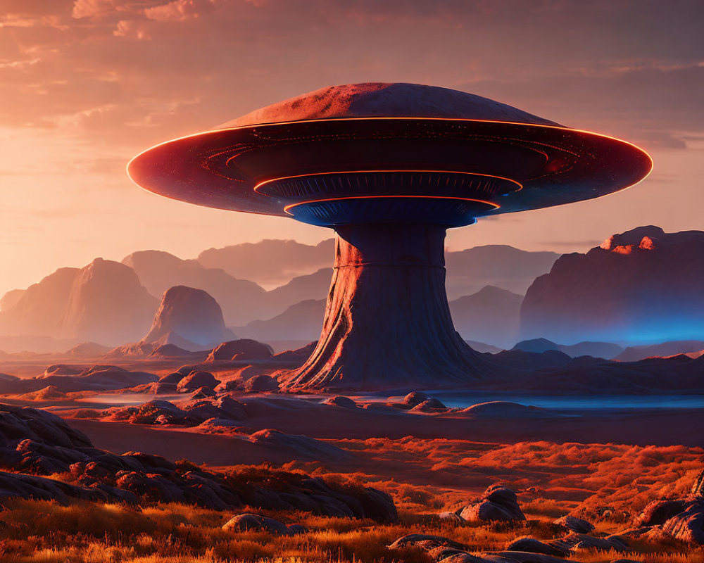 Alien landscape with mushroom-shaped structure in red rocky terrain