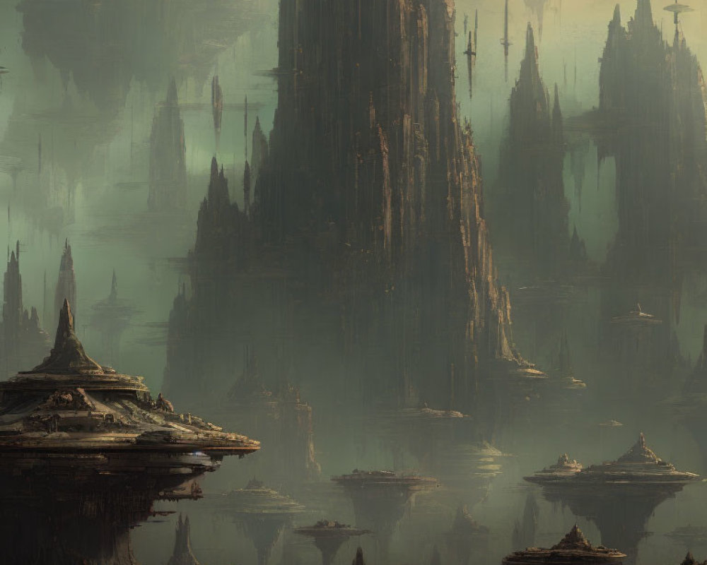 Mystical landscape with towering spires and floating structures in hazy backdrop