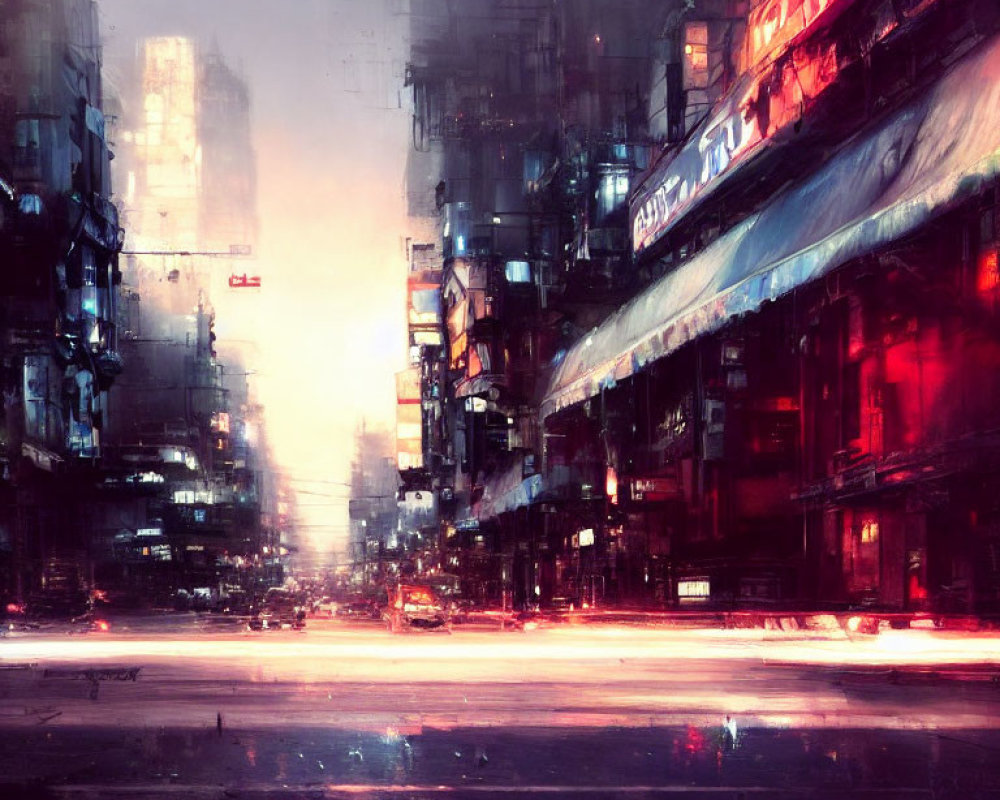 Futuristic cyberpunk cityscape with neon signs and towering buildings