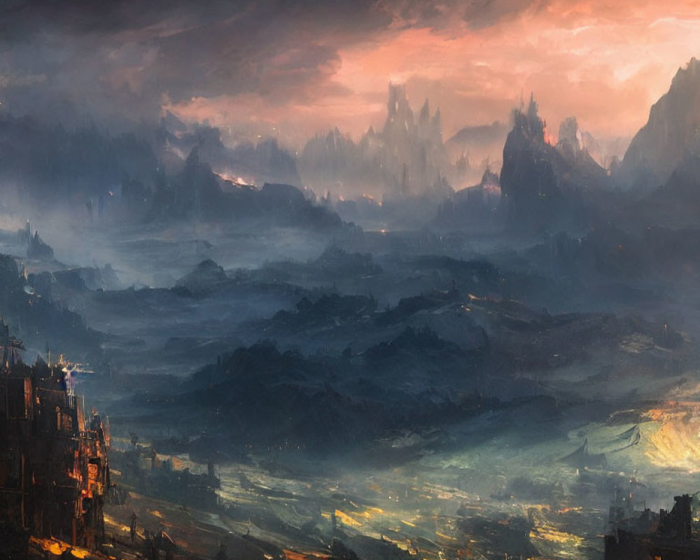 Fantasy landscape with towering spires and mist-covered valleys