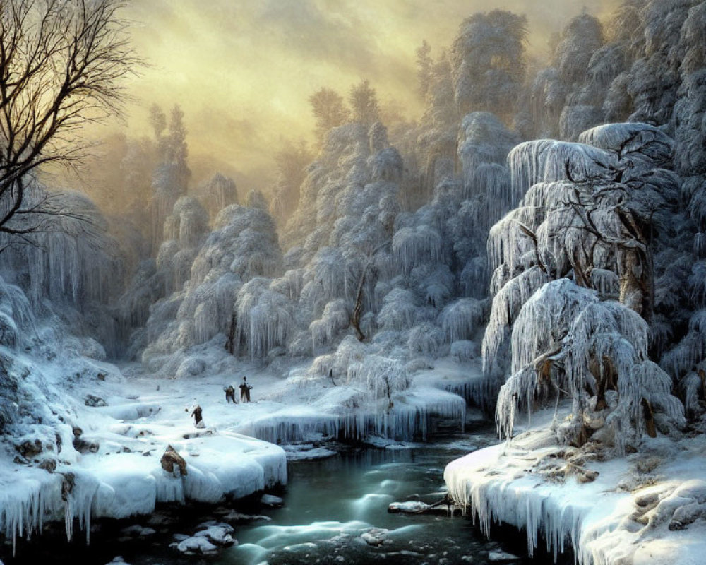 Snow-covered trees, frozen river, people walking on ice in serene winter landscape