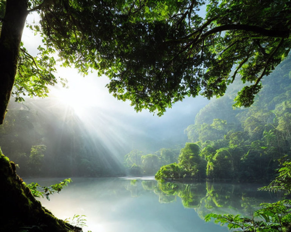 Lush forest canopy with sun rays reflecting on serene lake