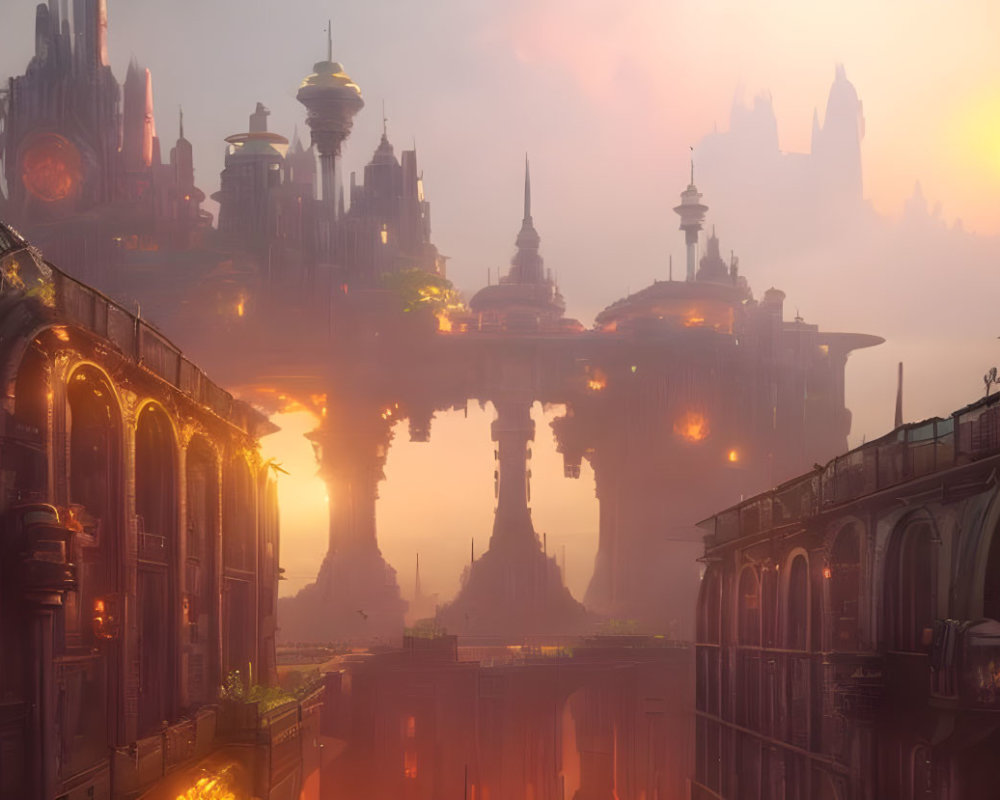 Majestic cityscape with towering spires and bridges at sunset