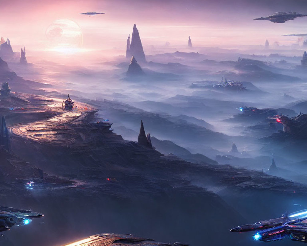 Sci-fi landscape with towering spires, flying ships, and large planet at twilight