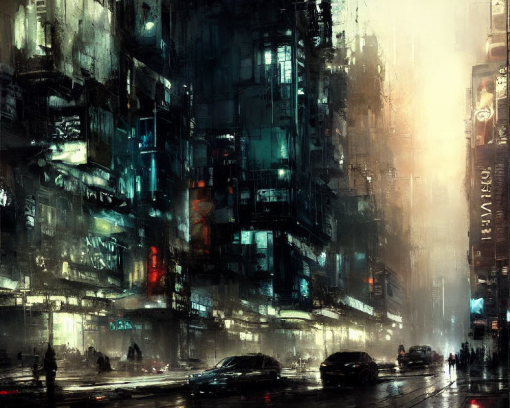 Futuristic city street at night: rain-soaked, neon signs, reflections, cars.