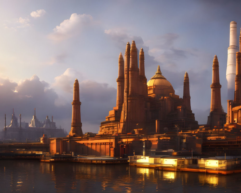 Sci-fi cityscape at sunset with towering spires, smokestacks, and docked ships