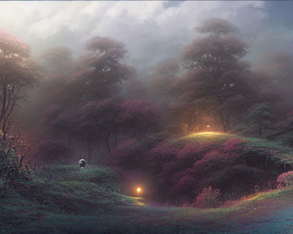 Mystical forest with glowing pathway, pink and purple foliage, soft misty light