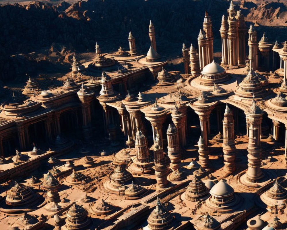 Fantastical cityscape with ornate desert buildings and golden light