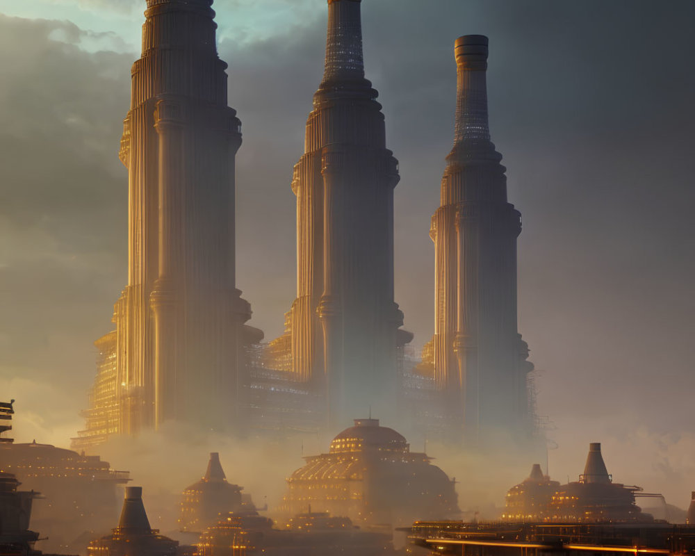 Towering futuristic skyscrapers in warm light against hazy sky