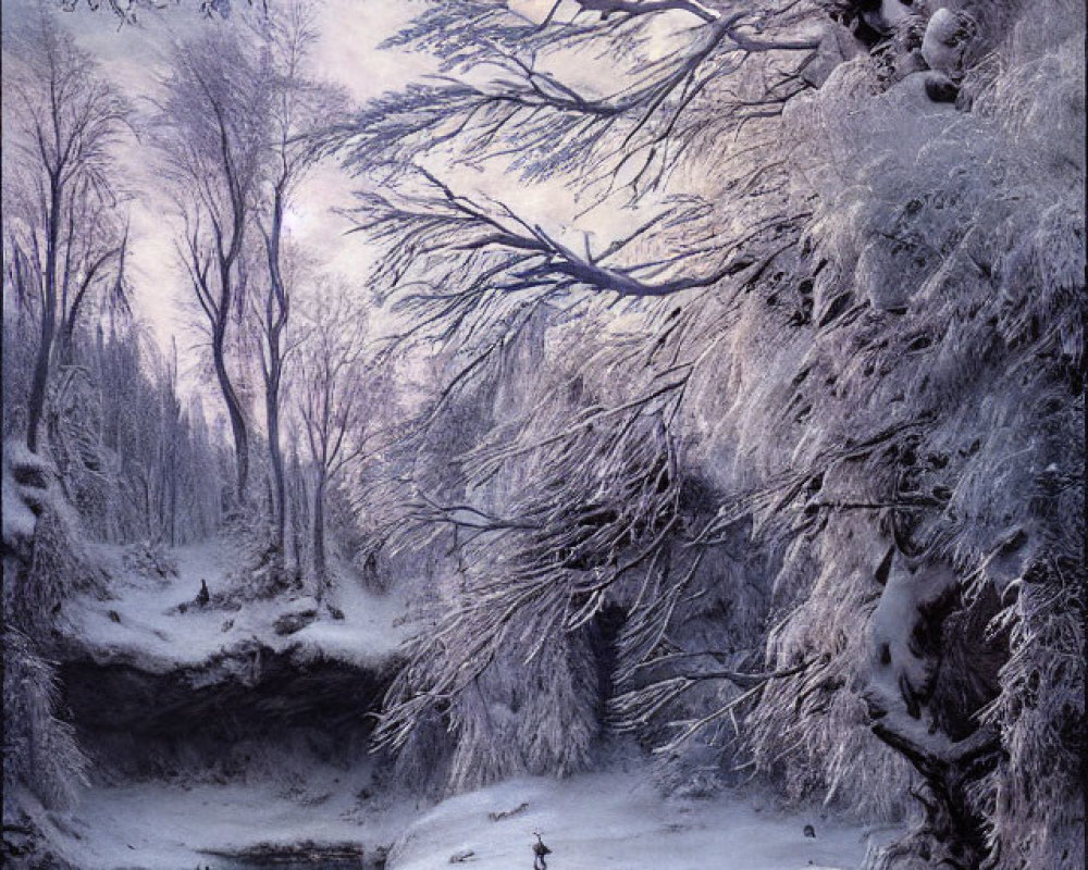 Winter Scene: People Ice Fishing on Frozen River amid Snowy Trees