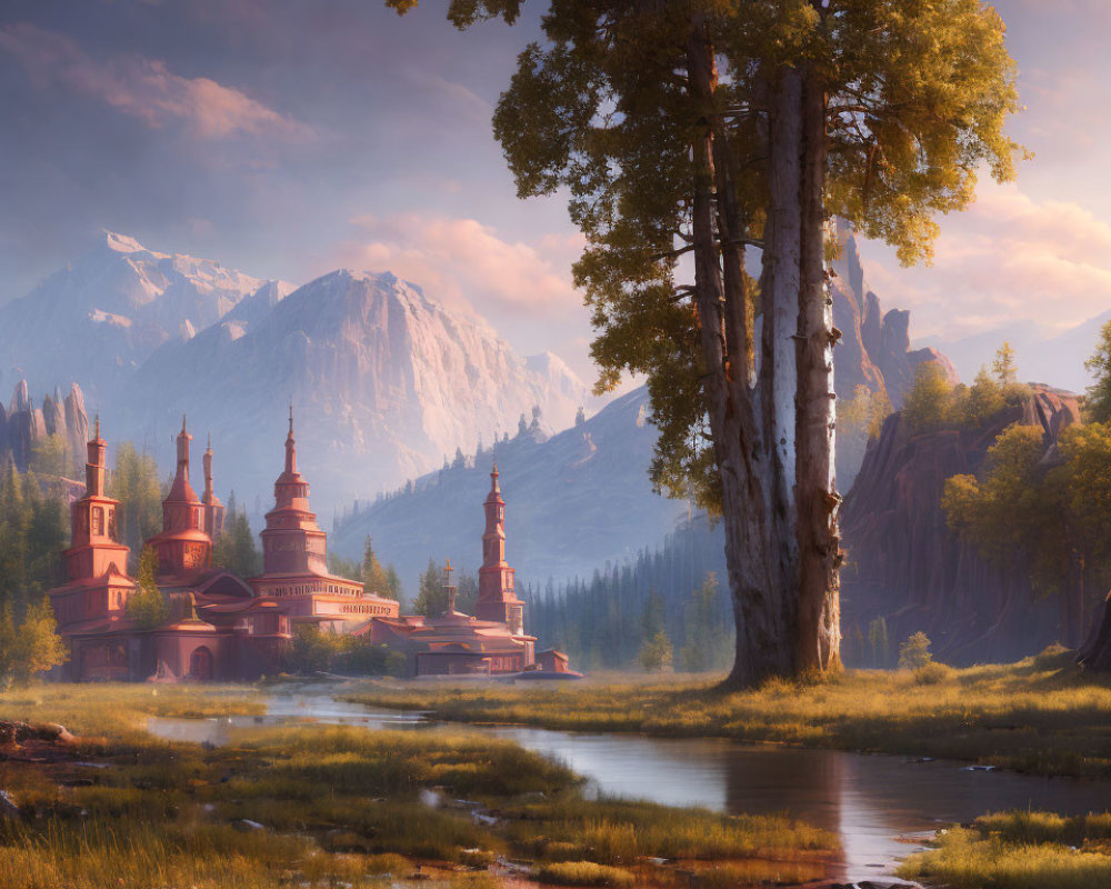 Tranquil river scene with grand castle, lush forest, sunset, and mountains