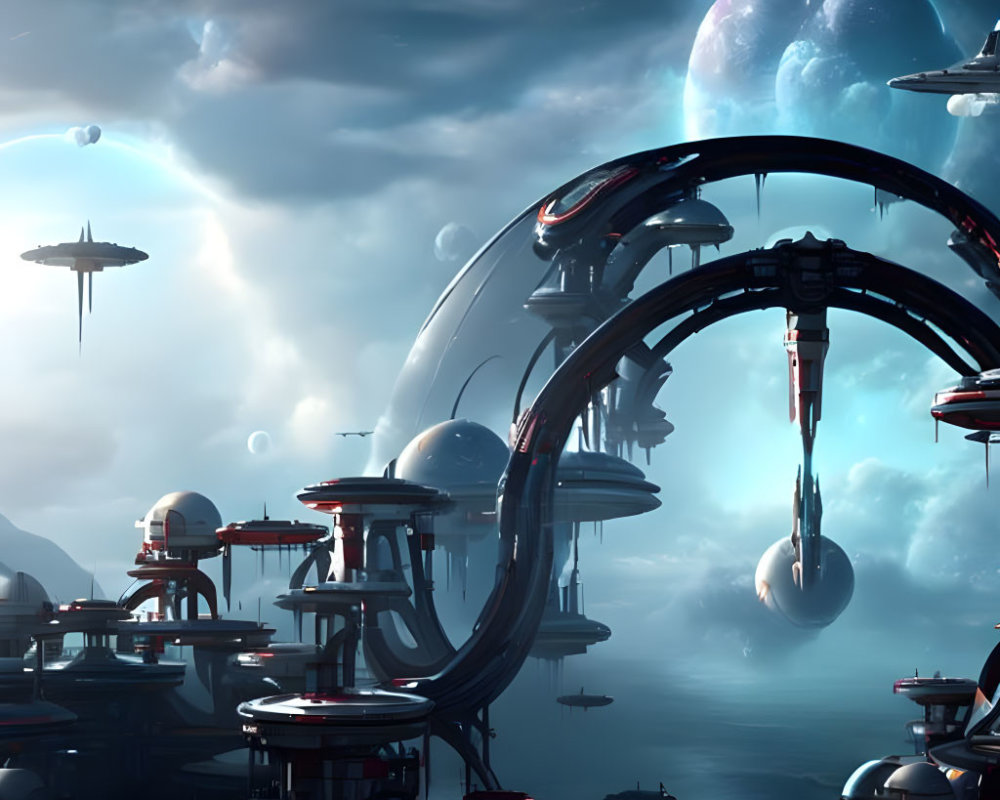 Advanced architecture in futuristic cityscape with flying vehicles, domes, moons, and clouds.