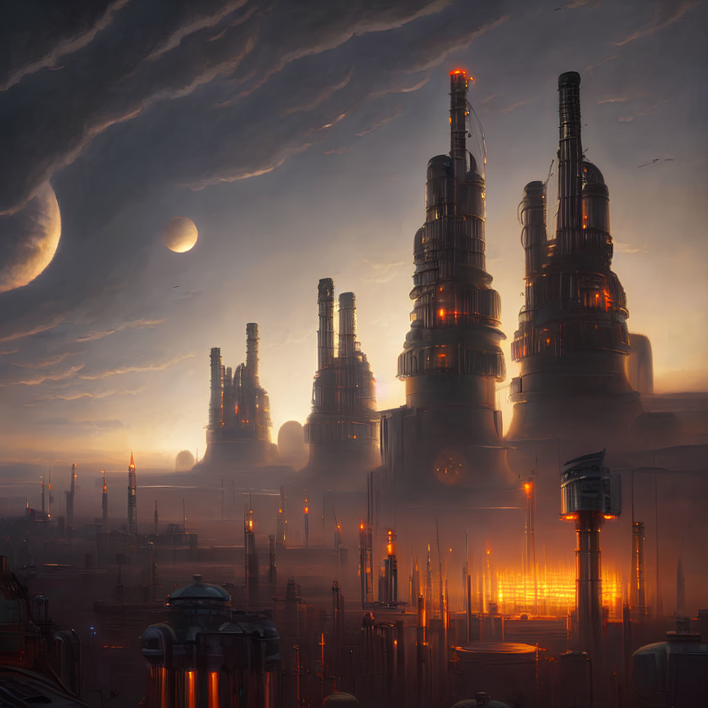 Futuristic cityscape with industrial structures, glowing lights, dramatic sky, and looming moon.