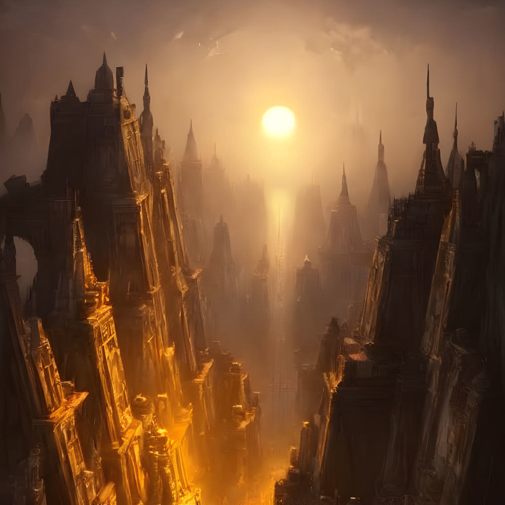 Fantastical cityscape with mist-covered spires and golden glow