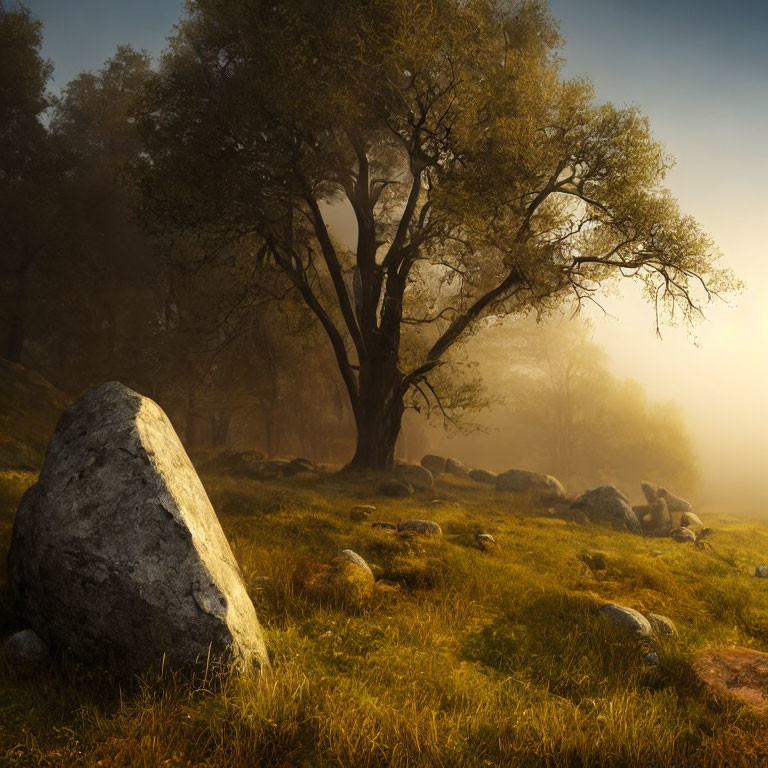 Tranquil sunrise landscape with tree, boulders, and misty sunlit background