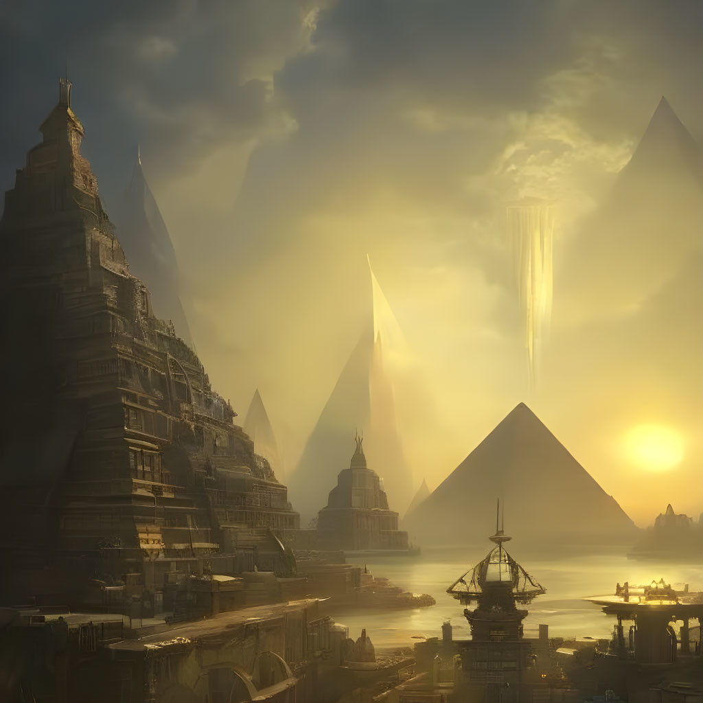 Mystical cityscape: ancient pyramids and futuristic towers at sunset