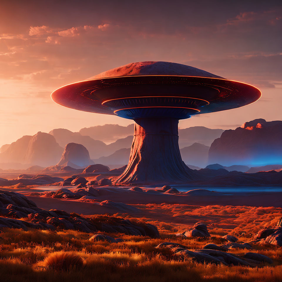 Alien landscape with mushroom-shaped structure in red rocky terrain