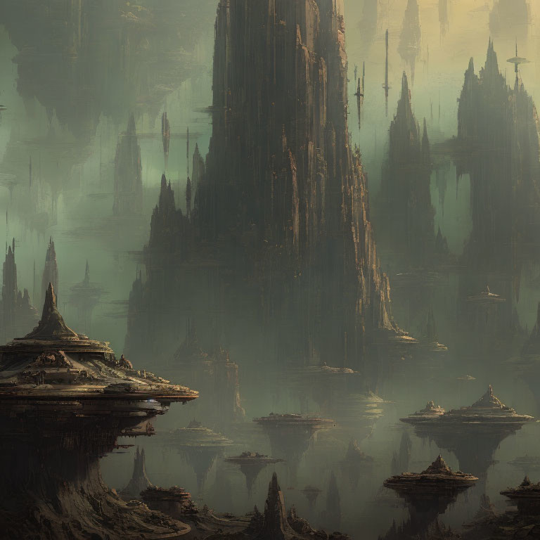 Mystical landscape with towering spires and floating structures in hazy backdrop