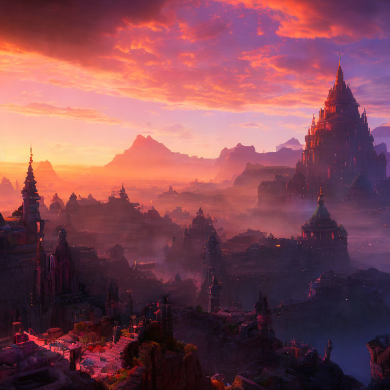 Majestic cityscape at sunset with ornate towers and misty mountains