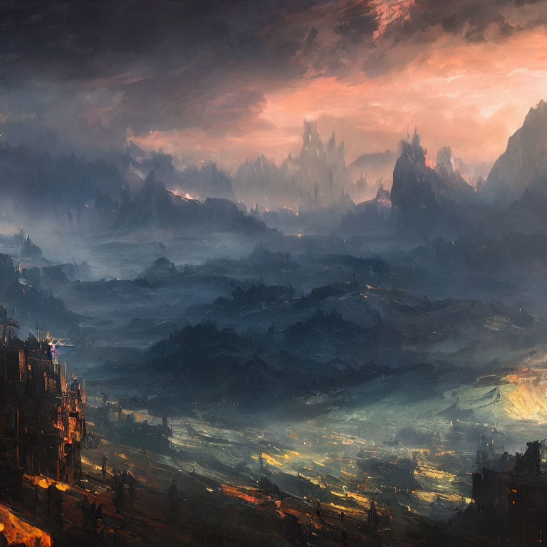 Fantasy landscape with towering spires and mist-covered valleys